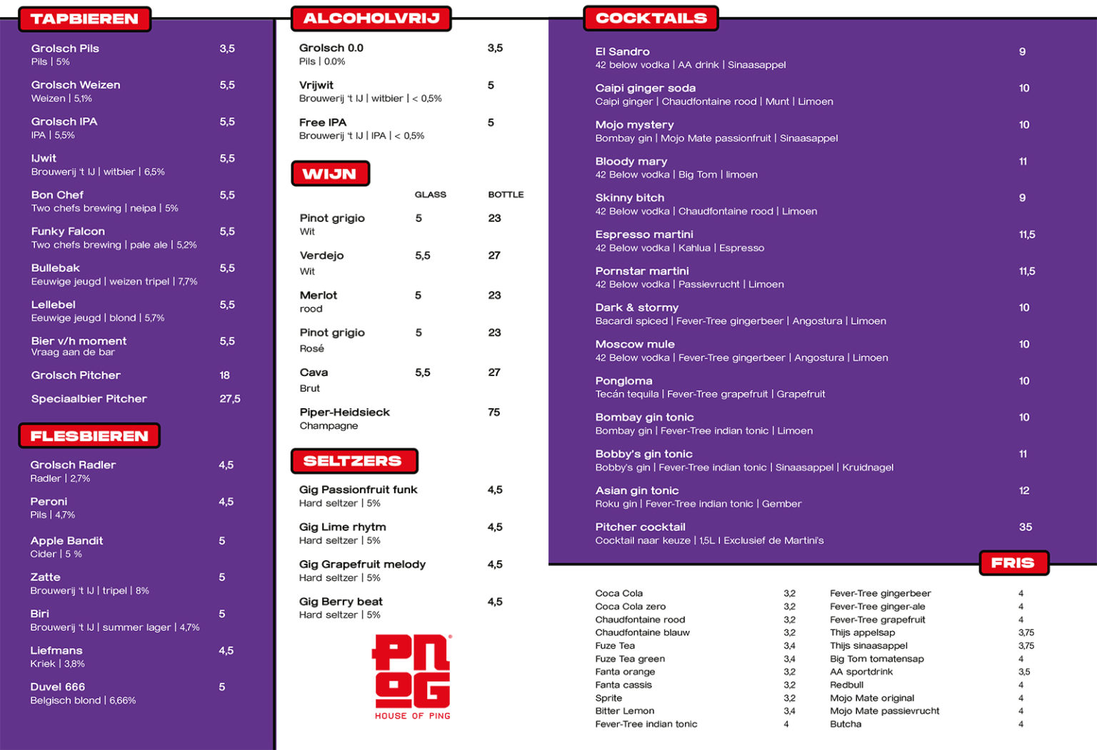 menu - ping pong bar amsterdam